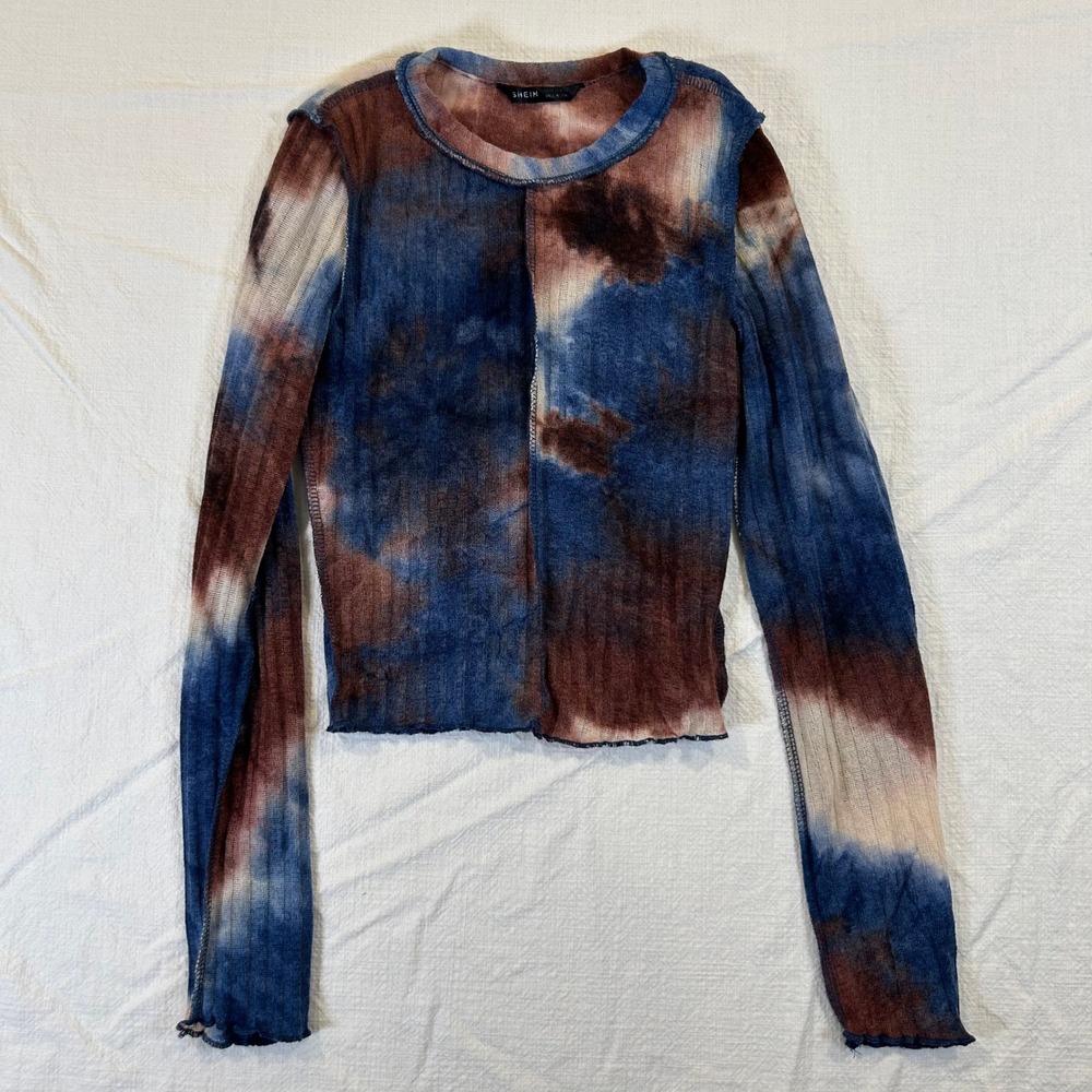 SHEIN Blue Brown Tie Dye Ribbed Long Sleeve Lettuce Edge Top JIT6221266 XS